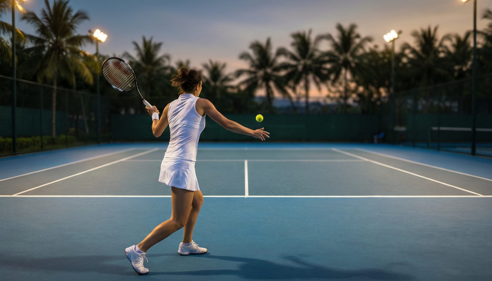 AI生成示意图:黄昏的室外硬地球场,女选手反手击球,球停在半空,背景是棕榈树与城市天际线